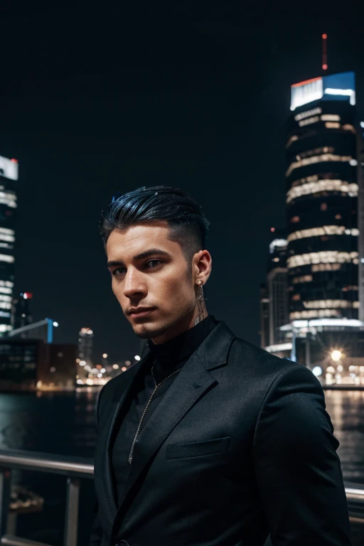 Strength and Visual Modernity: A man with a modern and daring cut, in a night urban environment.
Text: "THEÚOS - Your strength, Your style. We transform your look."
colors: negro, electric blue and silver for a striking and modern contrast.