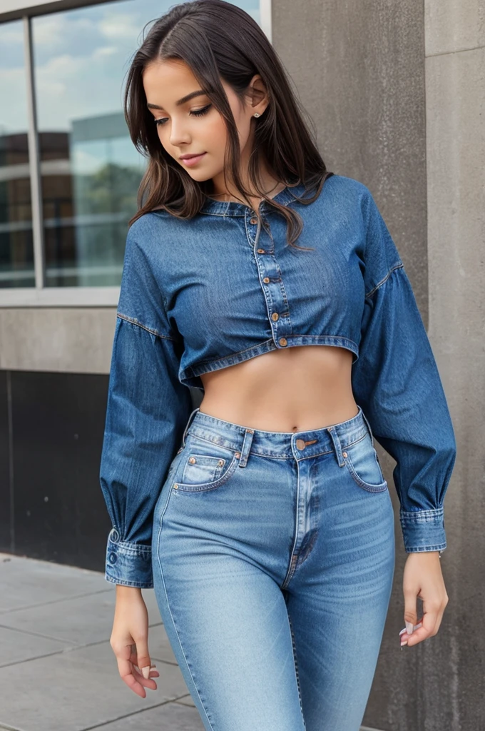 There is a beautiful young girl who is wearing jeans and top and is very