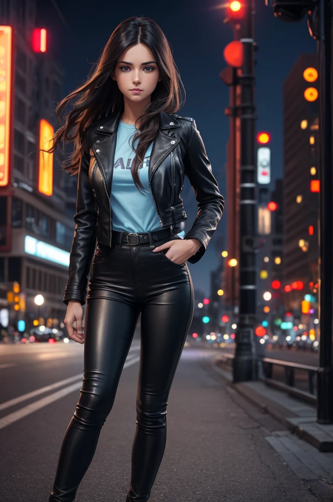 full body Realism, a 22 - year - old girl, light Blue beautiful eyes, dark hair, long hair beautiful hairstyle, light makeup, dressed in a leather jacket, tight leather pants, beautiful shoes on her feet, night city street in the background, high detail appearance, high detail hairstyle, high detail environment, high detail background, in the background is a modern city, the photo was taken with a photorealistic SLR camera, resolution full hd, 8K