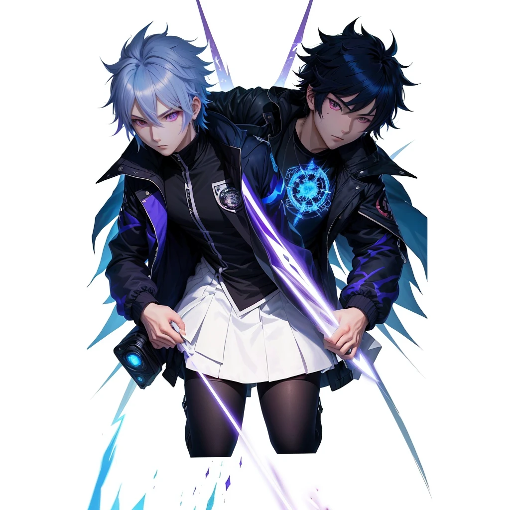 cartoon image of a boy with a blue hair and a black jacket, akane owari danganronpa, chibi, maplestory mouse, [[[[grinning evily]]]], inspired by Okumura Masanobu, cute character, hiro, handsome japanese demon boy, anime moe artstyle, mika kurai demon , 1girl, japanese clothes, ponytail ,white hair, purple eyes, magic circle, blue fire, blue flames, wallpaper, landscape, blood, blood splatter, depth of field, night, light particles, light rays, sidelighting, thighs, fate \(series\), genshin impact, ****, open jacket, skirt, thighhighs, cloud