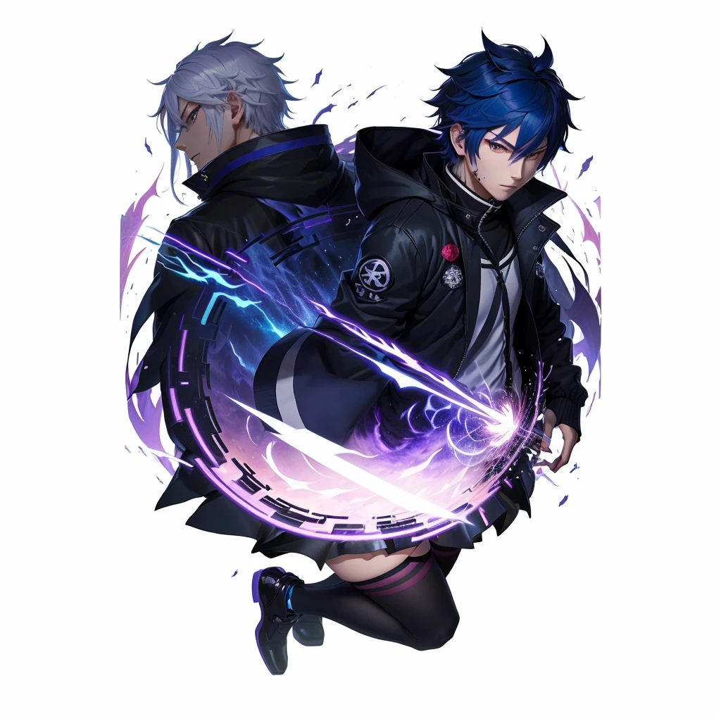 cartoon image of a boy with a blue hair and a black jacket, akane owari danganronpa, chibi, maplestory mouse, [[[[grinning evily]]]], inspired by Okumura Masanobu, cute character, hiro, handsome japanese demon boy, anime moe artstyle, mika kurai demon , 1girl, japanese clothes, ponytail ,white hair, purple eyes, magic circle, blue fire, blue flames, wallpaper, landscape, blood, blood splatter, depth of field, night, light particles, light rays, sidelighting, thighs, fate \(series\), genshin impact, ****, open jacket, skirt, thighhighs, cloud