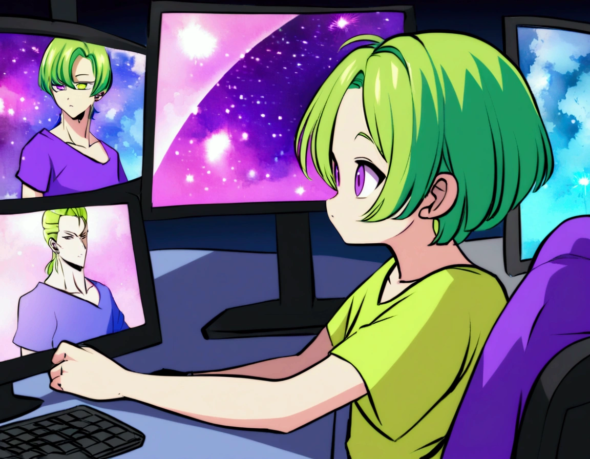 A boy with lime green hair and neon purple eyes ,studying English on the computer and thinking in the Akira Toryama style in electric blue colors, Green Lemon, lemon yellow and neon purple. Akira Toryama style