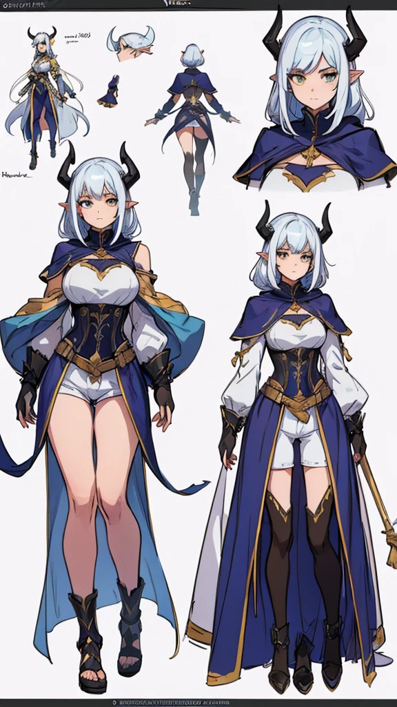 sketch (Character Design Sheet, Same characters, whole body, Three-species, Front, ~ ~ ~ side, come back),(Very bright:1.1), White background, [1 girl:7], (tilted his head:1.2), ([sketch|watercolor \(Temperate\)]:1.15),whole body, Yellow medieval summer girl, concept, vines on the hand and horns from the vines, full length, whole body, magic hunter, white shorts, SFV