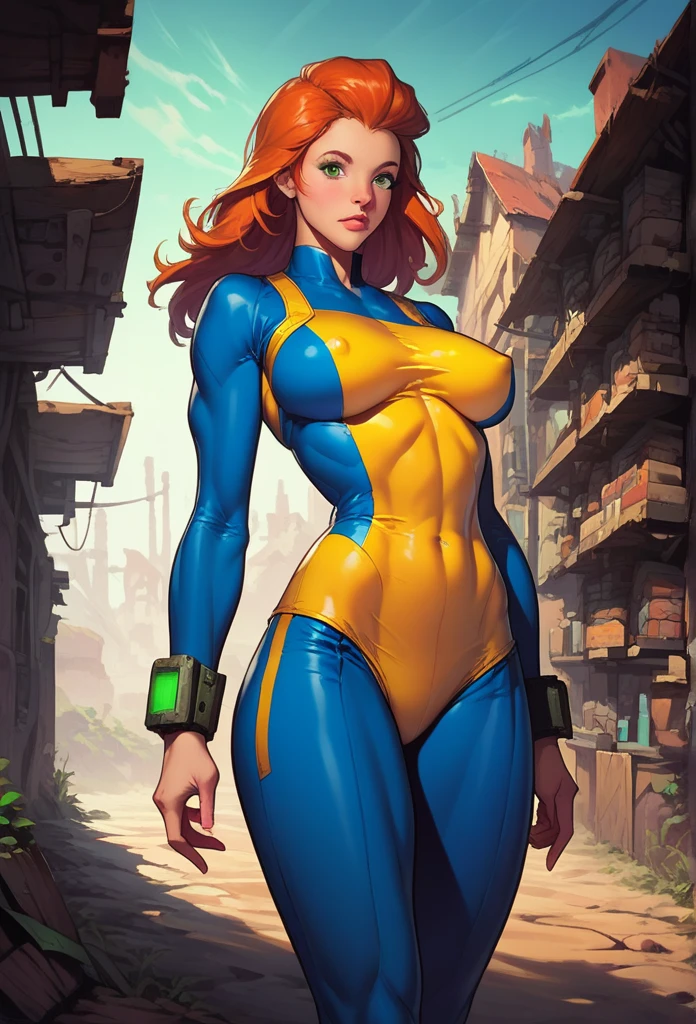 score_9, score_8_up, score_7_up, score_6_up, explore, 1girl, solo, woman, mature_female, muscular, green eyes, sam \(totally spies\), orange hair, long hair, fallout vault suit, blue and yellow, (big bracelet with square screen on 1wrist), deserted town, western, outdoors, realistic, sunlight, vibrant colors, masterpiece, action lines, hard_surface,
1960s \(style\), classic ad, fallout, detailed_background  