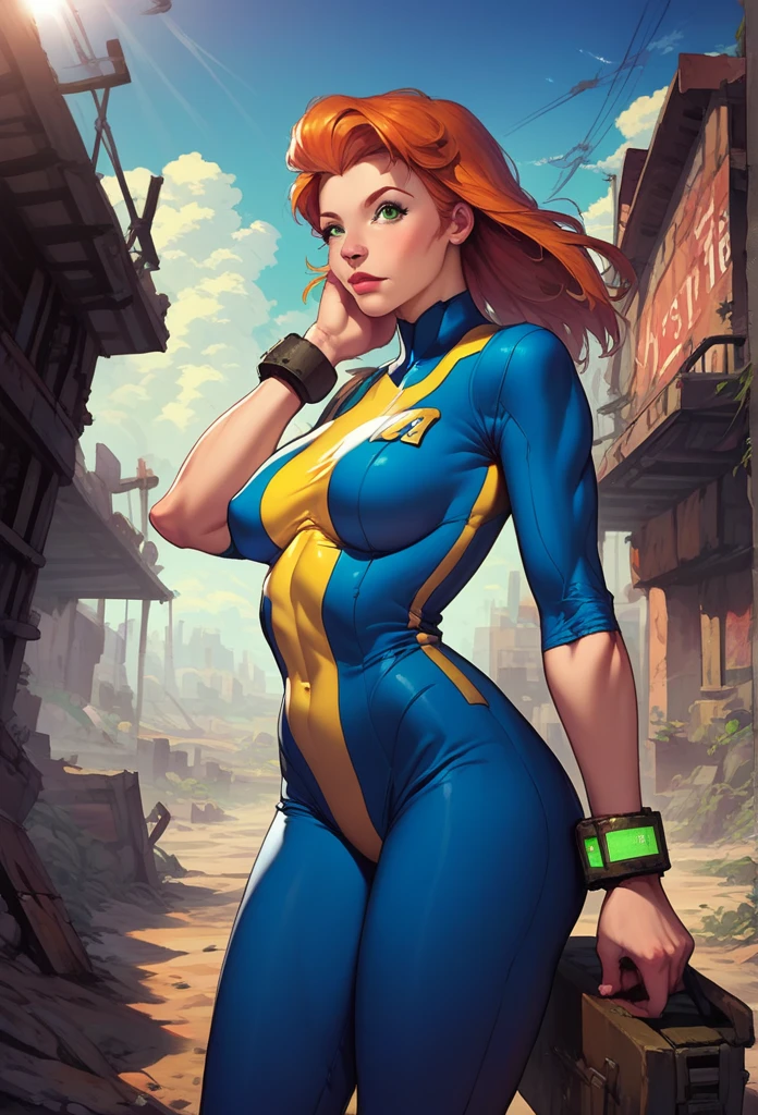 score_9, score_8_up, score_7_up, score_6_up, explore, 1girl, solo, woman, mature_female, muscular, green eyes, sam \(totally spies\), orange hair, long hair, fallout vault suit, blue and yellow, (big bracelet with square screen on 1wrist), deserted town, western, outdoors, realistic, sunlight, vibrant colors, masterpiece, action lines, hard_surface,
1960s \(style\), classic ad, fallout, detailed_background  