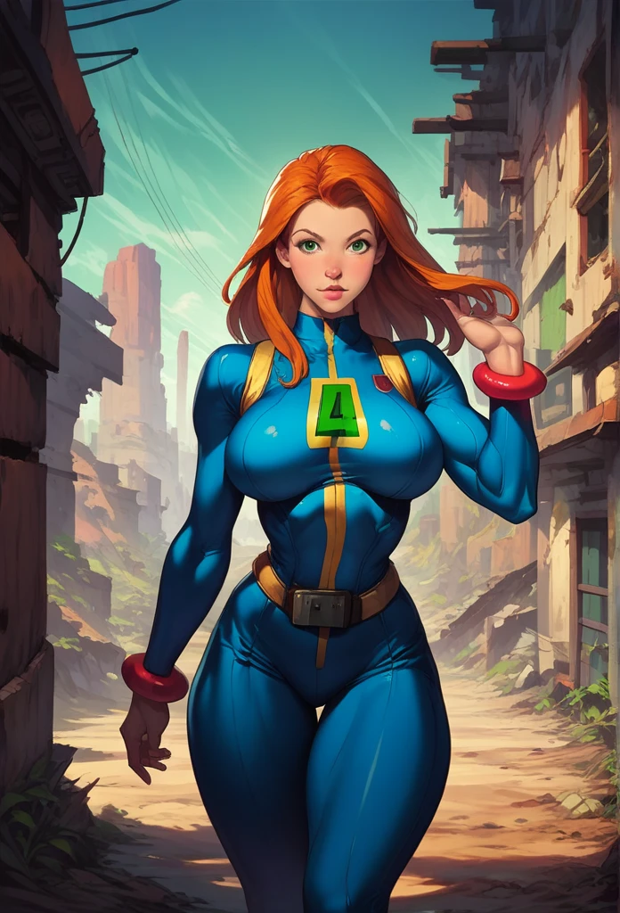 score_9, score_8_up, score_7_up, score_6_up, explore, 1girl, solo, woman, mature_female, muscular, green eyes, sam \(totally spies\), orange hair, long hair, fallout vault suit, blue and yellow, (big bracelet with square screen on 1wrist), deserted town, western, outdoors, realistic, sunlight, vibrant colors, masterpiece, action lines, hard_surface,
1960s \(style\), classic ad, fallout, detailed_background  