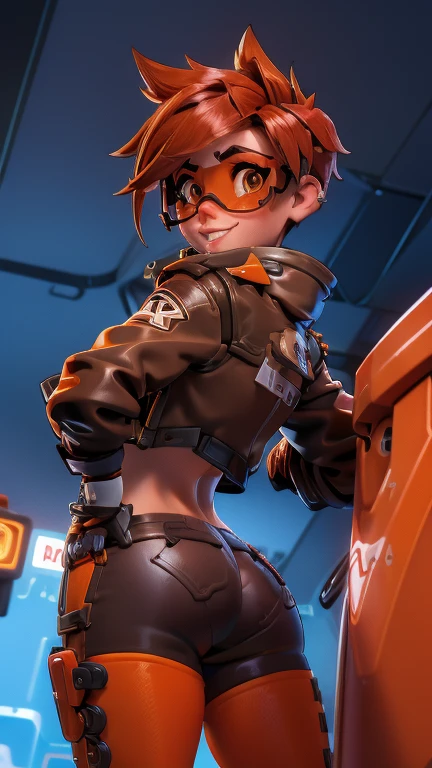 TracerOver, 1 girl, marker (watch), standing alone, orange glasses, chestnut hair, glasses, shorth hair, spiky hair, eyes browns, trunk, to enjoy, jaket, bomber jaket, ssmile, gazing at viewer, May, shirtless, bangss, parted lips, teeths, leathery, lips, brown jaket, leathery jaket, focus on ass