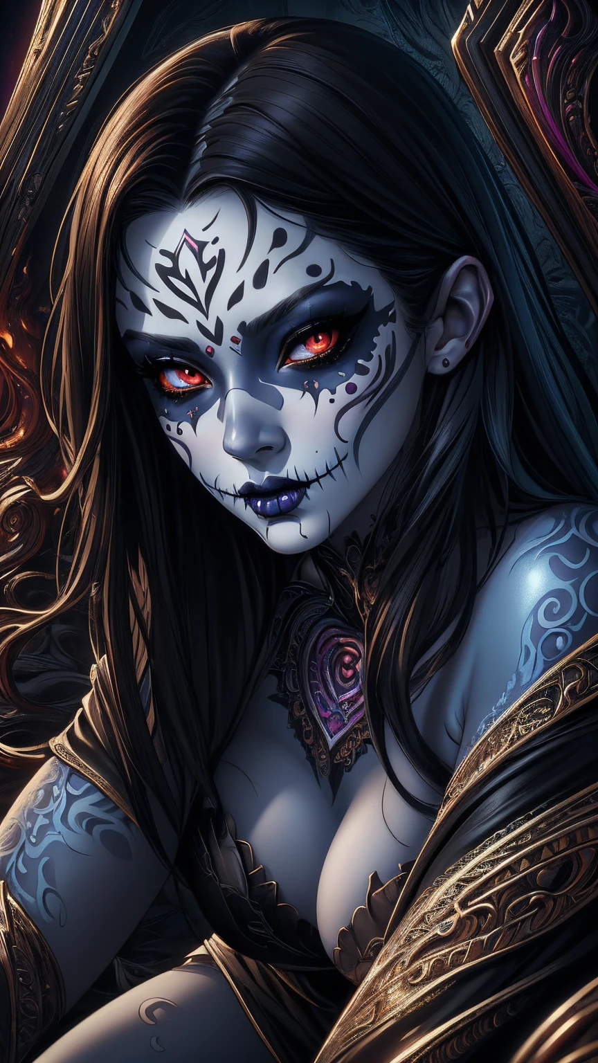 1girl, full body portrait, succubus, day of the dead facepaint and bodypaint, crawling on the floor on hands and knees, scary detailed art in color, sexual demeanour, aroused expression, skin scales, busty, curvy hips, stretch marks, sexy, alluring, erotic posing with open legs, naked, au naturel, nude , no underpants, pubic hair, highly detailed fantasy art, beautiful fantasy art portrait, intricate detailed digital art, highly detailed digital painting, digital art fantasy art, mark brooks detailed, detailed fantasy digital art, amazing detail digital art, close-up portrait demoness skull, by Todd Lockwood, liquid metal girl
