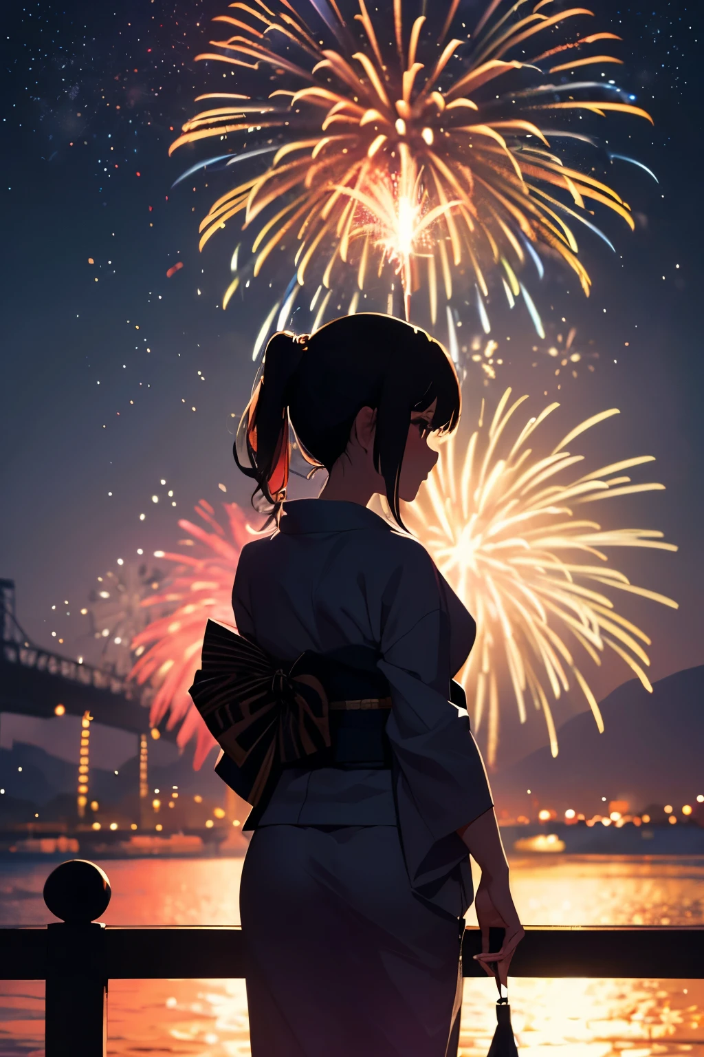 from behind, (silhouette:1.5), firework focus, far, long range, 1girl, Night Sky, (firework:1.5), yukata, on bridge, fence, masterpiece, high quality, best quality, beautiful, HD, perfect lighting, detailed body, masterpiece, best quality, intricate details, 8k uHD