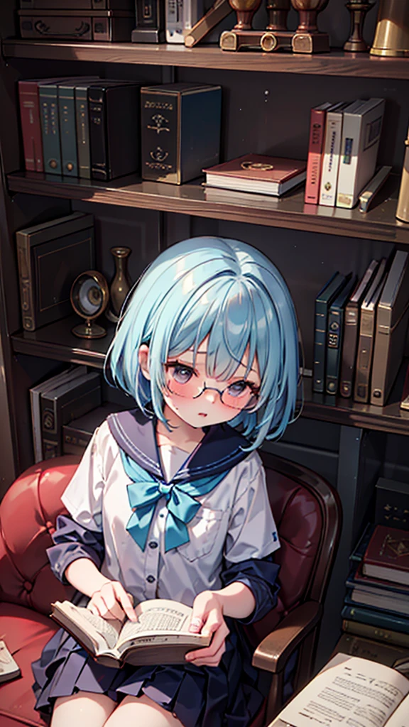 (masterpiece), (best quality), ((very detailed)), (very delicate), (A young girl),-yeld gi ash short hair. Soft, shiny hair. Clear cyan droopy eyes, long bangs covering her eyes. Wears glasses to avoid eye contact., Neat sailor uniform with a luxurious red ribbon at the neck, Luxurious room with bookshelves and fancy furniture. Often reading books,Shy, always looking down, lacking confidence, on the verge of tears