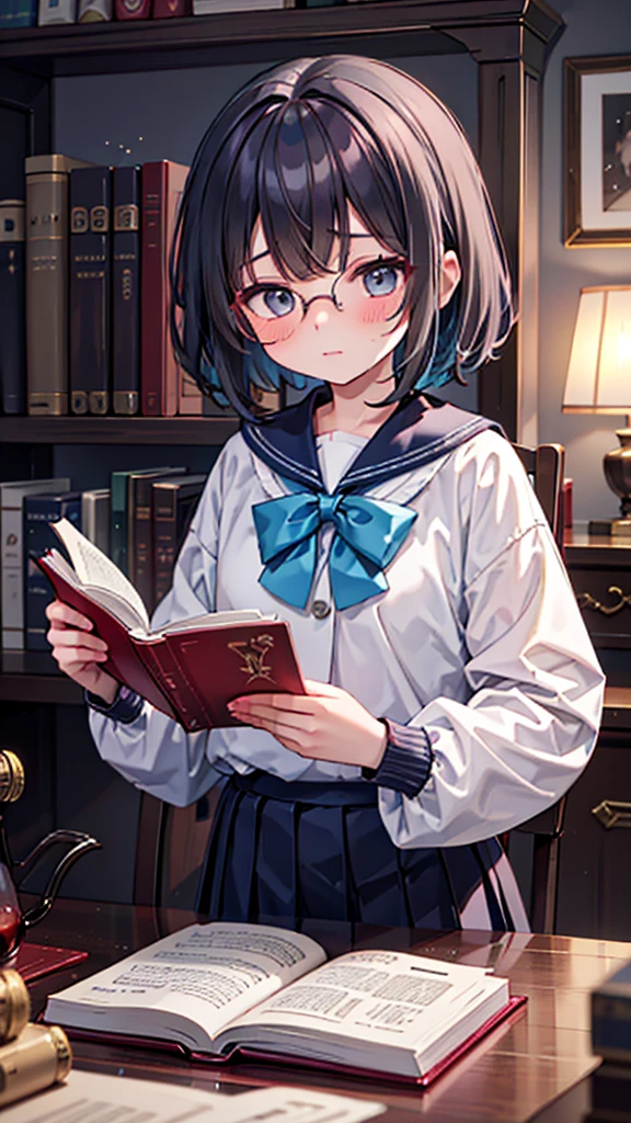 (masterpiece), (best quality), ((very detailed)), (very delicate), (A young girl),10-year-old girl, ash short hair. Soft, shiny hair. Clear cyan droopy eyes, long bangs covering her eyes. Wears glasses to avoid eye contact., Neat sailor uniform with a luxurious red ribbon at the neck, Luxurious room with bookshelves and fancy furniture. Often reading books,Shy, always looking down, lacking confidence, on the verge of tears