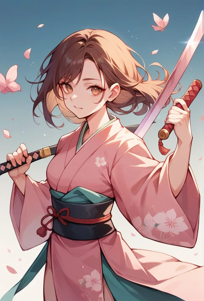 A girl with long brown hair, Dressed in a pink kimono, holding a sword
