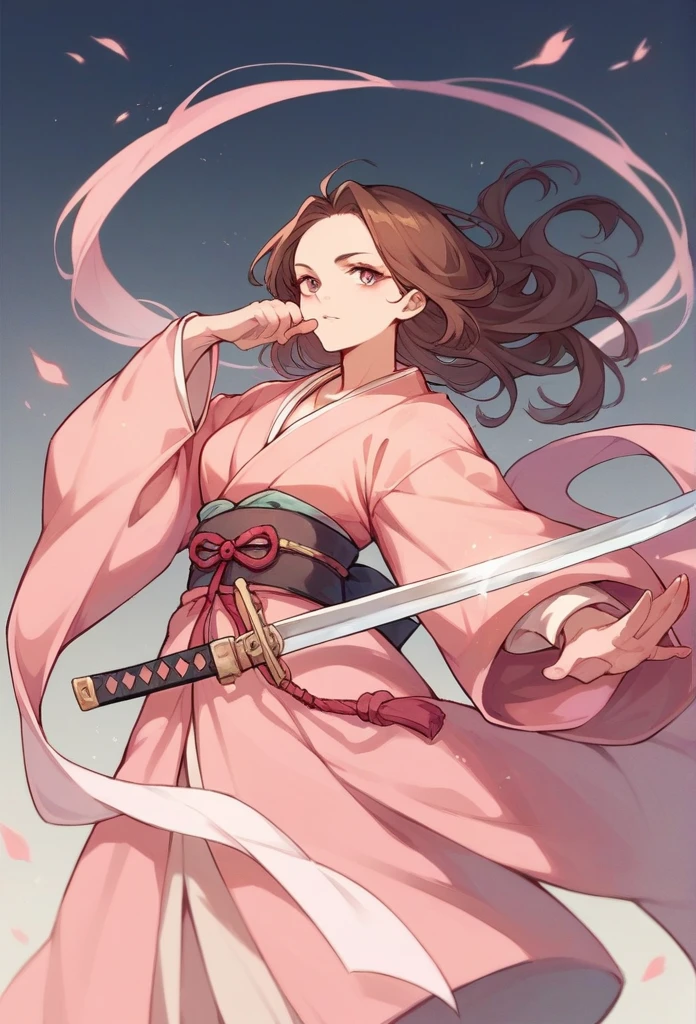 A girl with long brown hair,  Dressed in a pink kimono, holding a sword 