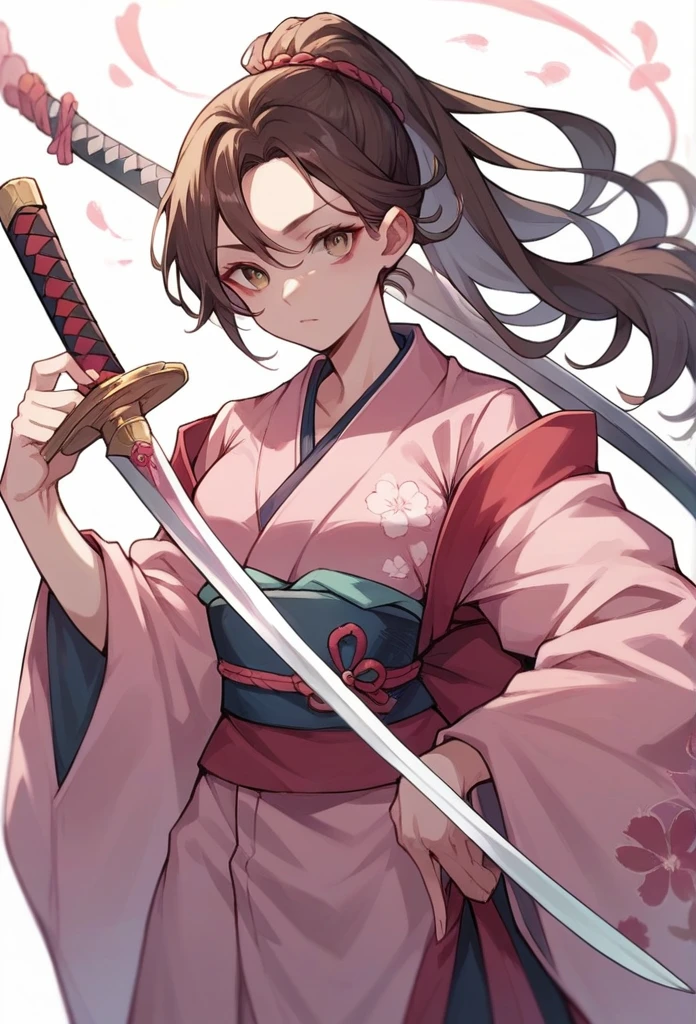 A girl with long brown hair,  Dressed in a pink kimono, holding a sword 