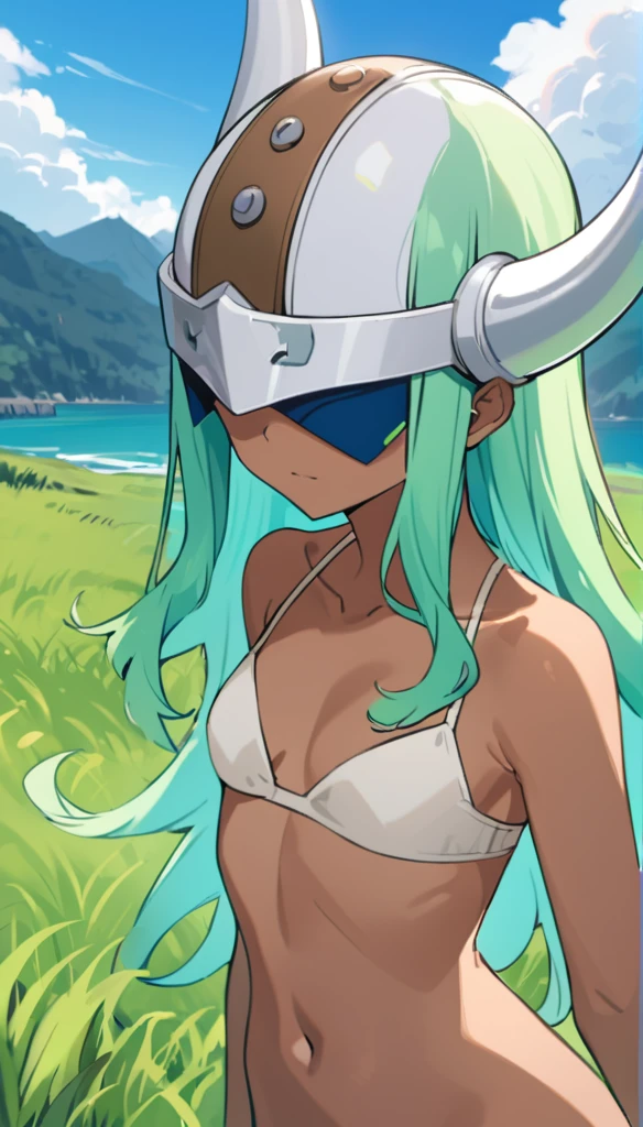 lily_entomach, solo, 1girl, viking_helmet, bikini, dark skinned female, green hair, helmet over eyes, cowboy shot, outdoors, grass, naked, 18 year old girl,