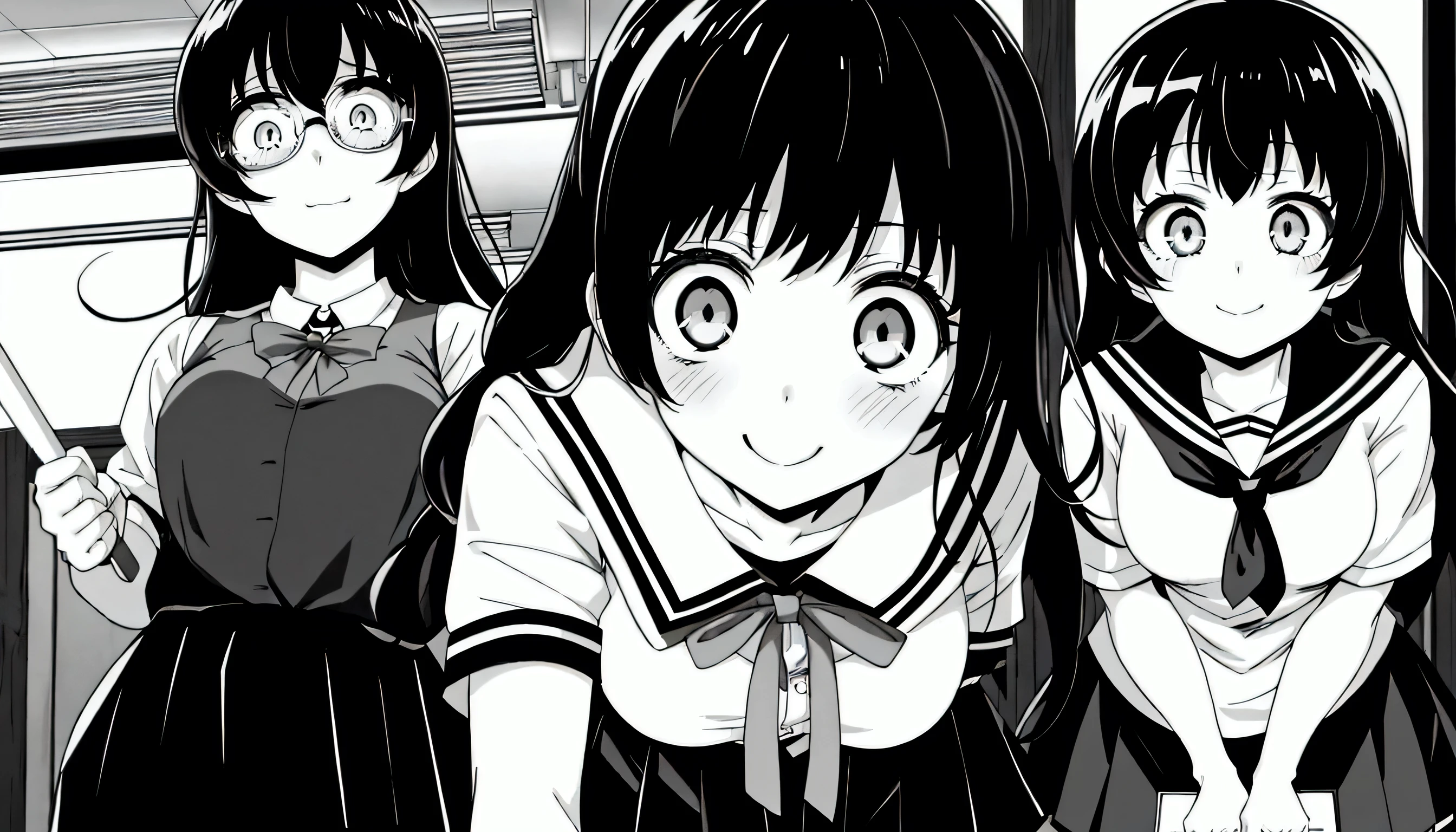 three anime girls in school uniforms stand in a line, horror manga, black and white manga panel, black and white manga style, black and white manga, gapmoe yandere, black anime pupils in her eyes, screenshot from guro anime, large eyes and menacing smile, huge anime eyes, gapmoe yandere grimdark, tsurime eyes
