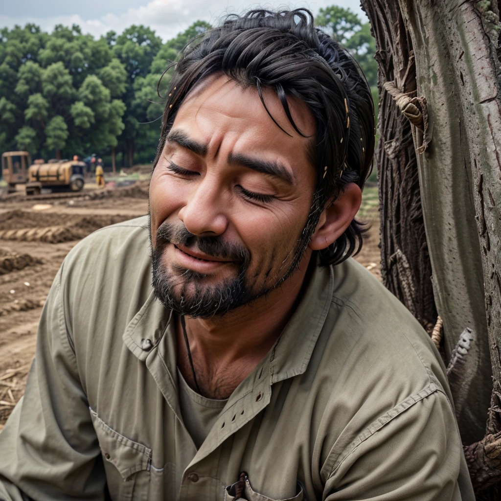 "Depict a tired laborer, middle-aged with a rugged appearance, sitting under a large tree. The laborer should have a peaceful expression, eyes closed, and a gentle smile. He is wearing simple work clothes, slightly dirty from the day's labor. The background shows a field or construction site indicating his work."