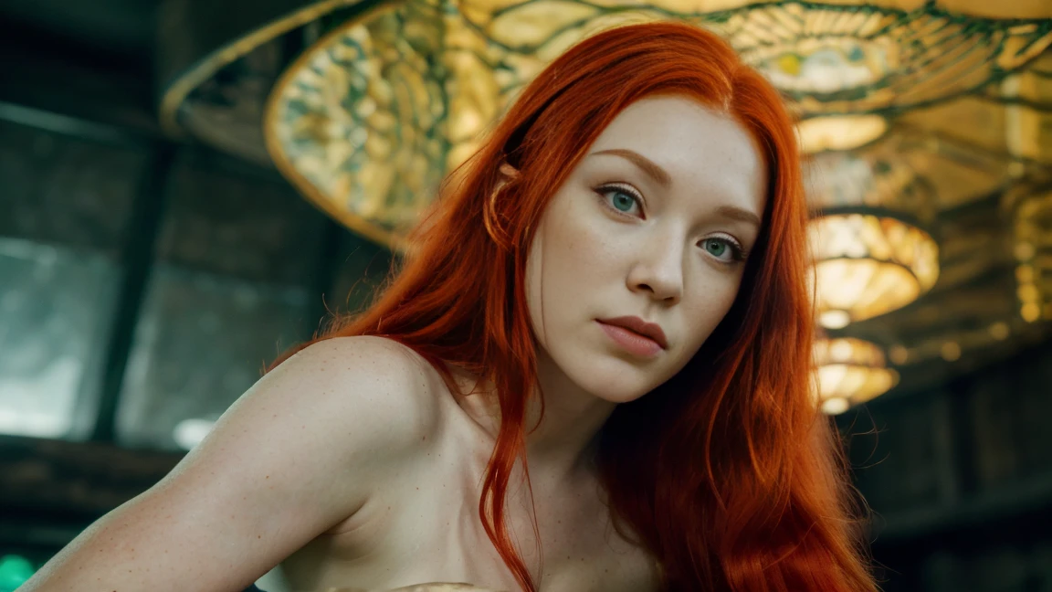 A Man with beautiful long red hair, detailed facial features, delicate skin, elegant expression, intricate dress, ethereal atmosphere, glowing lighting, dynamic pose, fantasy landscape, dreamlike colors, cinematic composition, digital painting, hyper realistic, award winning.
