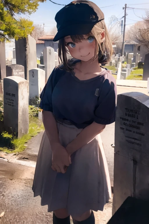 Young beautiful girl, Emma Myers, American, SOFT SMILING FACE, HAVE A BROWN HAIR, wears a old work cap, wears old-fashioned clothes, 19th century, poverty-stricken clothes, old torn clothes, 19th century period clothing, holding a bouquet, standing before her grandparents' tombstones, cemetery background, dark cities background, night time, midnight background.