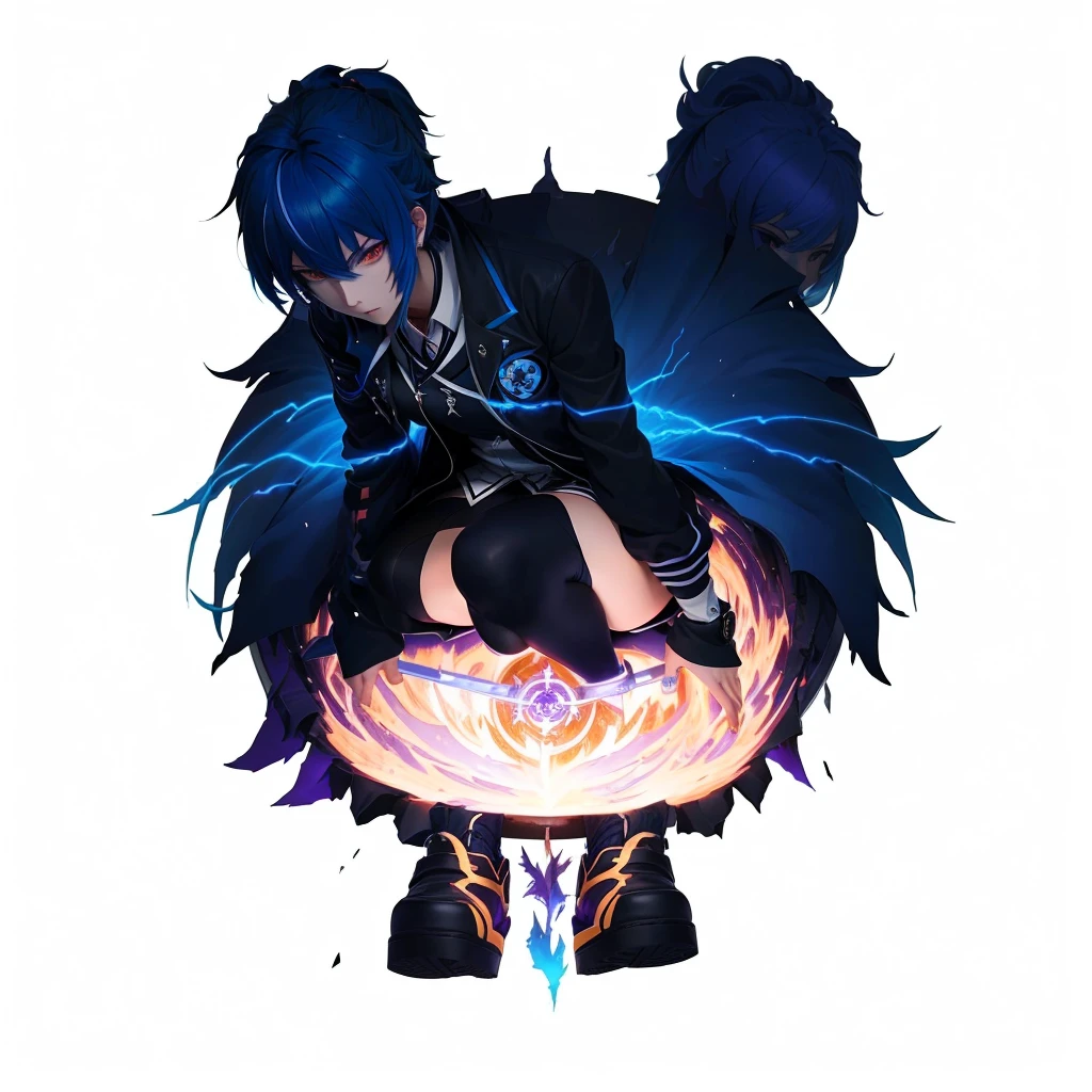 cartoon image of a boy with a blue hair and a black jacket, akane owari danganronpa, chibi, maplestory mouse, [[[[grinning evily]]]], inspired by Okumura Masanobu, cute character, hiro, handsome japanese demon boy, anime moe artstyle, mika kurai demon , 1girl, japanese clothes, ponytail ,white hair, purple eyes, magic circle, blue fire, blue flames, wallpaper, landscape, blood, blood splatter, depth of field, night, light particles, light rays, sidelighting, thighs, fate \(series\), genshin impact, ****, open jacket, skirt, thighhighs, cloud