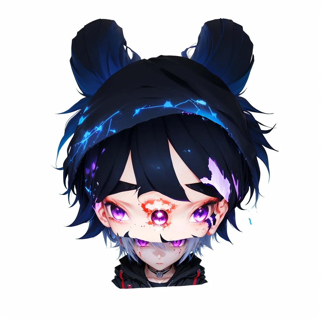 cartoon image of a boy with a blue hair and a black jacket, akane owari danganronpa, chibi, maplestory mouse, [[[[grinning evily]]]], inspired by Okumura Masanobu, cute character, hiro, handsome japanese demon boy, anime moe artstyle, mika kurai demon , 1girl, japanese clothes, ponytail ,white hair, purple eyes, magic circle, blue fire, blue flames, wallpaper, landscape, blood, blood splatter, depth of field, night, light particles, light rays, sidelighting, thighs, fate \(series\), genshin impact, ****, open jacket, skirt, thighhighs, cloud