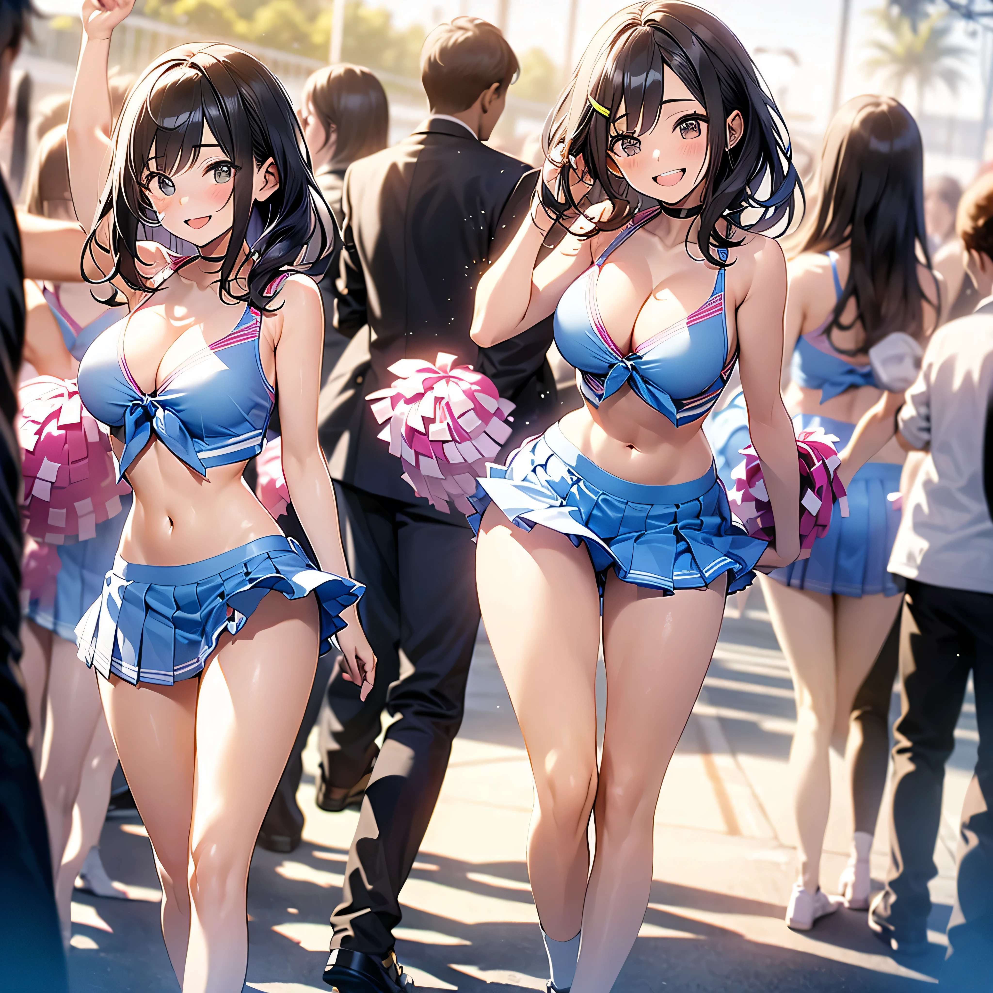 (solo), (1 skinny cheerleader rooting for viewer), (violently bouncing large breasts:1.2), cleavage, (dancing violently:1.2), shaking chest, open legs, lifting own leg up, BREAK, (short cheer uniform), sleeveless, bared stomach, flapping too short skirt. show off thigh gap, long skinny legs, bared legs, nsfw, orgasm, heavy breathing, pussy juice