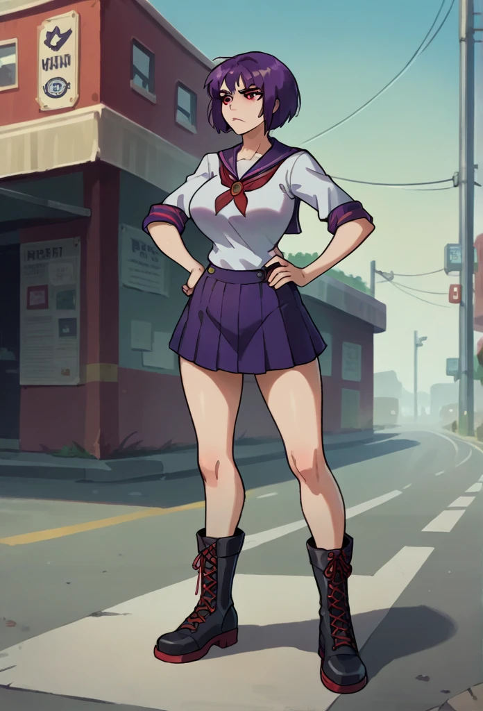 Masterpiece, best quality, high resolution, 1 woman , straight purple hair , bob , red eyes , Cold expression , sailor shirt , short skirt , boots, Long legs , full body , abdomen , big breasts , Put your hands on your hips. , roadside