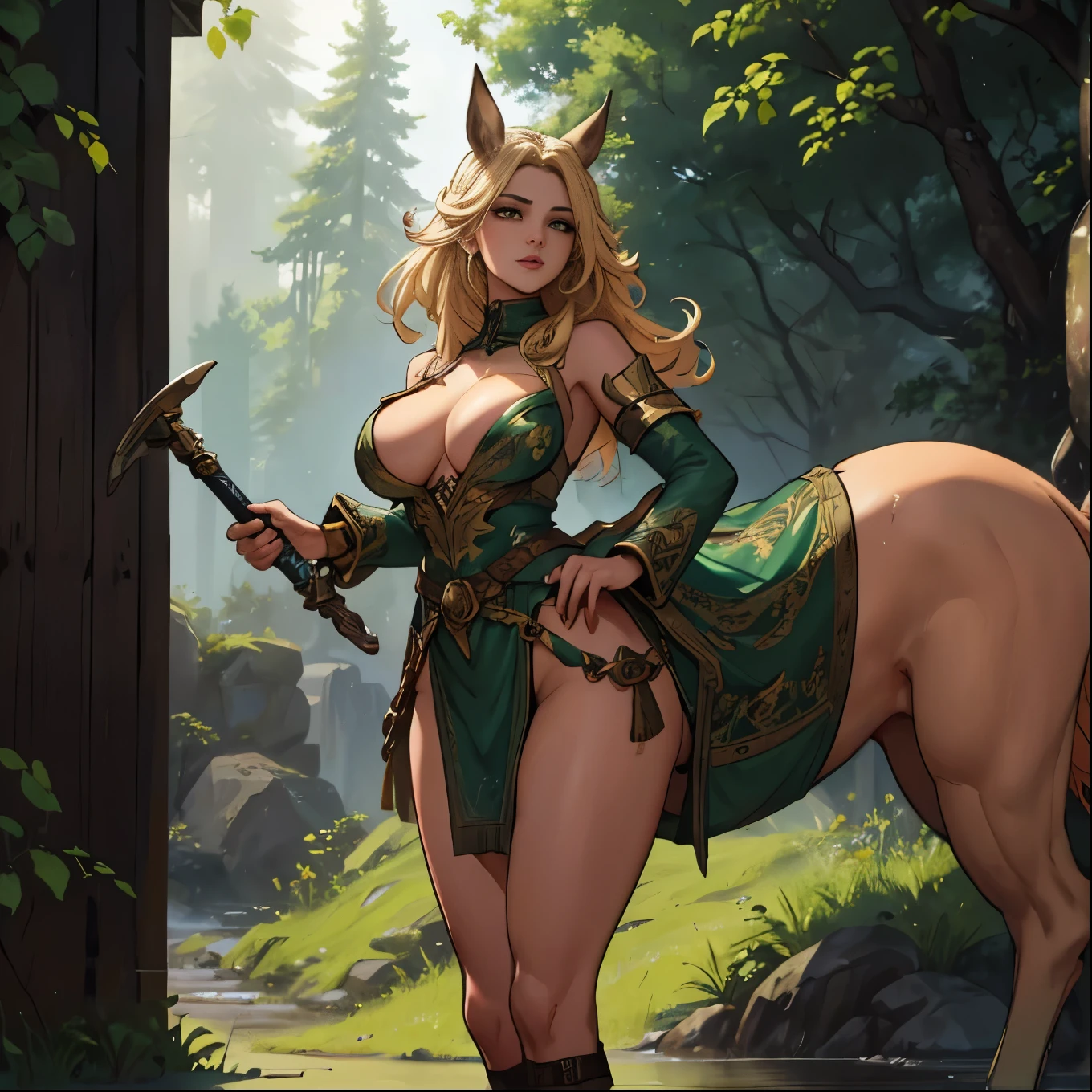 A centaur with a beautiful female face proudly holds a sword in the forest, Wear clothes that convey elegance and strength.. continuously, Be prepared to face any threat that may be lurking in the dense forests... big breasts. 35mm, F/2.8, Hyperpolarizers, elegant, very detailed and complex, Masterpiece, Surreal, Practical. Image rendered in K HDR, The high octane is also super detailed., Super resolution, Masterpiece, Practical.