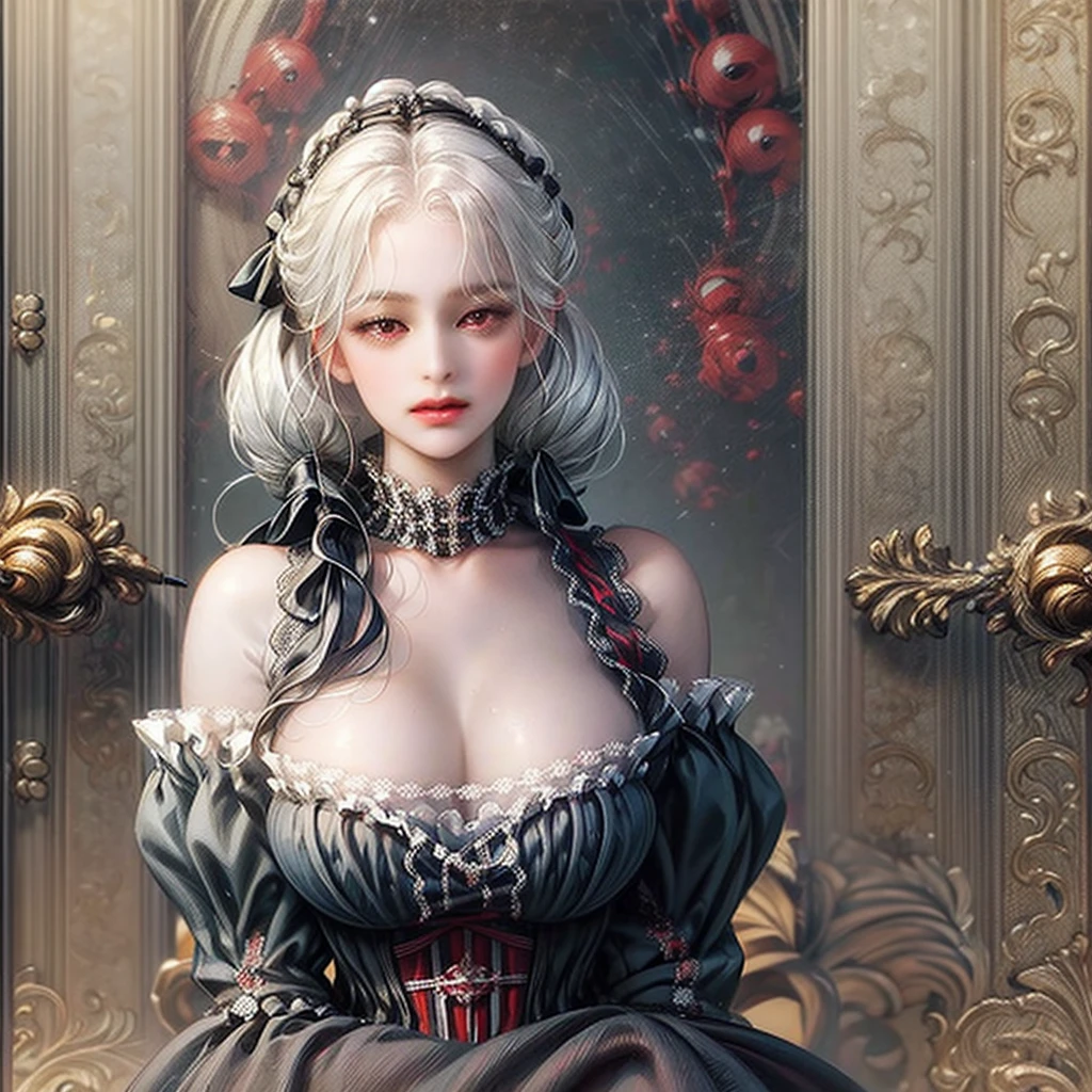 (masterpiece, best quality1.2), illustration, 8k, hd, 1girls, solo,(Victorian), white hair, long twintail, red eyes, (gigantic breasts), gothic lolita, black dress,  bare_shoulders, cleavage,  (upper body),