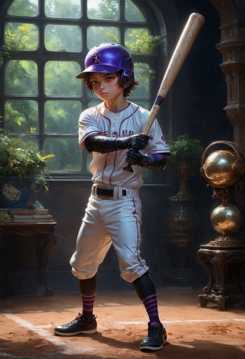 1boy, baseball player, batting stance, (alien dressed as a baseball player, batting) a masterpiece, 8k resolution, dark fantasy concept art, by Greg Rutkowski, dynamic lighting, hyperdetailed, intricately detailed, Splash screen art, trending on Artstation, deep color, Unreal Engine, volumetric lighting, Alphonse Mucha, Jordan Grimmer, purple and yellow complementary colours, masterpiece, best quality, very aesthetic, absurdres