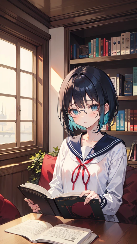 (masterpiece), (best quality), ((very detailed)), (very delicate), (A young girl),10-year-old girl, ash short hair. Soft, shiny hair. Clear cyan droopy eyes, long bangs covering her eyes. Wears glasses to avoid eye contact., Neat sailor uniform with a luxurious red ribbon at the neck, Luxurious room with bookshelves and fancy furniture. Often reading books,Shy, always looking down, lacking confidence, on the verge of tears