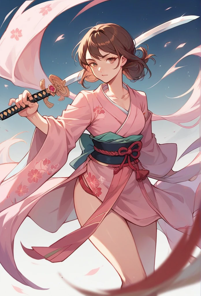 A girl with long brown hair,  Dressed in a pink kimono, holding a sword 