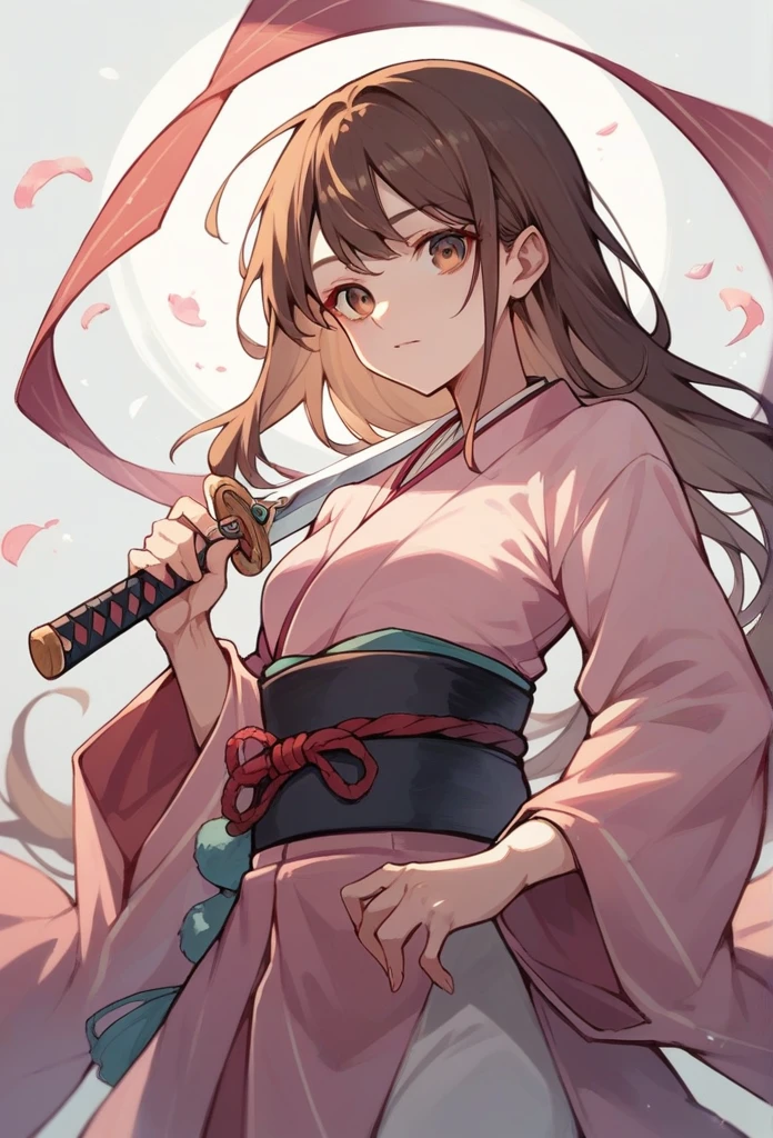 A girl with long brown hair,  Dressed in a pink kimono, holding a sword 