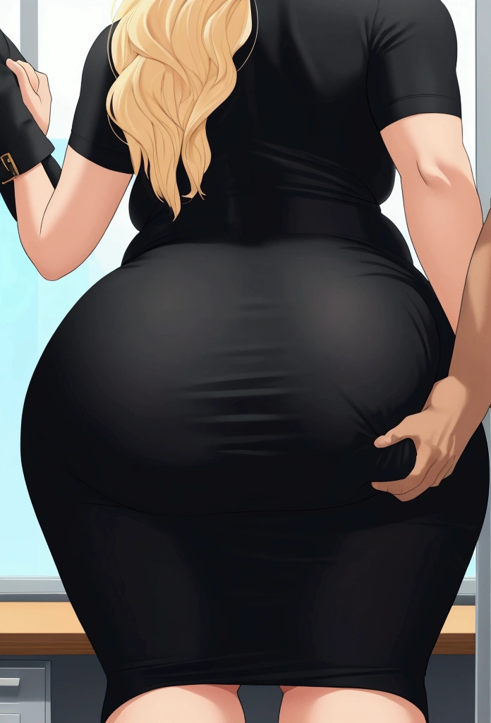 A close-up of just the woman's big ass. In an office environment. A woman with blonde hair, wide hips, and a big thick ass is wearing a tight black dress. A man is groping, squeezing, and grabbing her big ass.