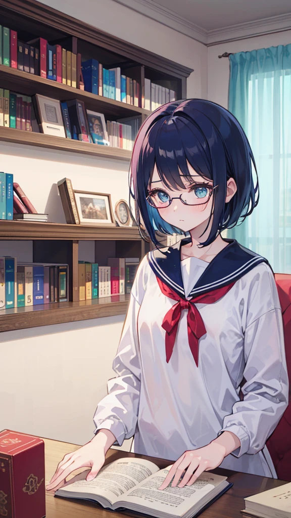 (masterpiece), (best quality), ((very detailed)), (very delicate), (A young girl),10-year-old girl, ash short hair. Soft, shiny hair. Clear cyan droopy eyes, long bangs covering her eyes. Wears glasses to avoid eye contact., Neat sailor uniform with a luxurious red ribbon at the neck, Luxurious room with bookshelves and fancy furniture. Often reading books,Shy, always looking down, lacking confidence, on the verge of tears