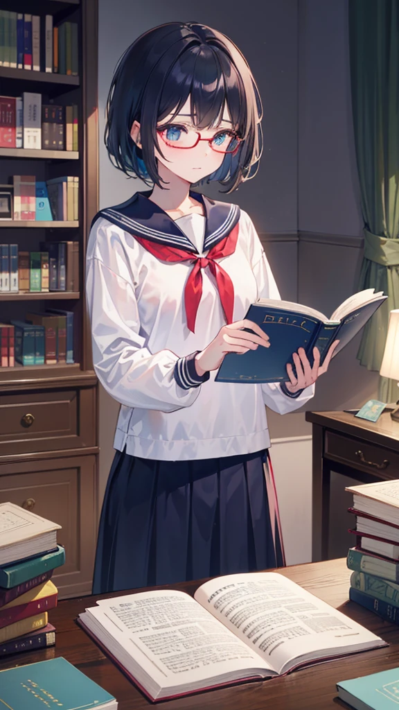 (masterpiece), (best quality), ((very detailed)), (very delicate), (A young girl),10-year-old girl, ash short hair. Soft, shiny hair. Clear cyan droopy eyes, long bangs covering her eyes. Wears glasses to avoid eye contact., Neat sailor uniform with a luxurious red ribbon at the neck, Luxurious room with bookshelves and fancy furniture. Often reading books,Shy, always looking down, lacking confidence, on the verge of tears