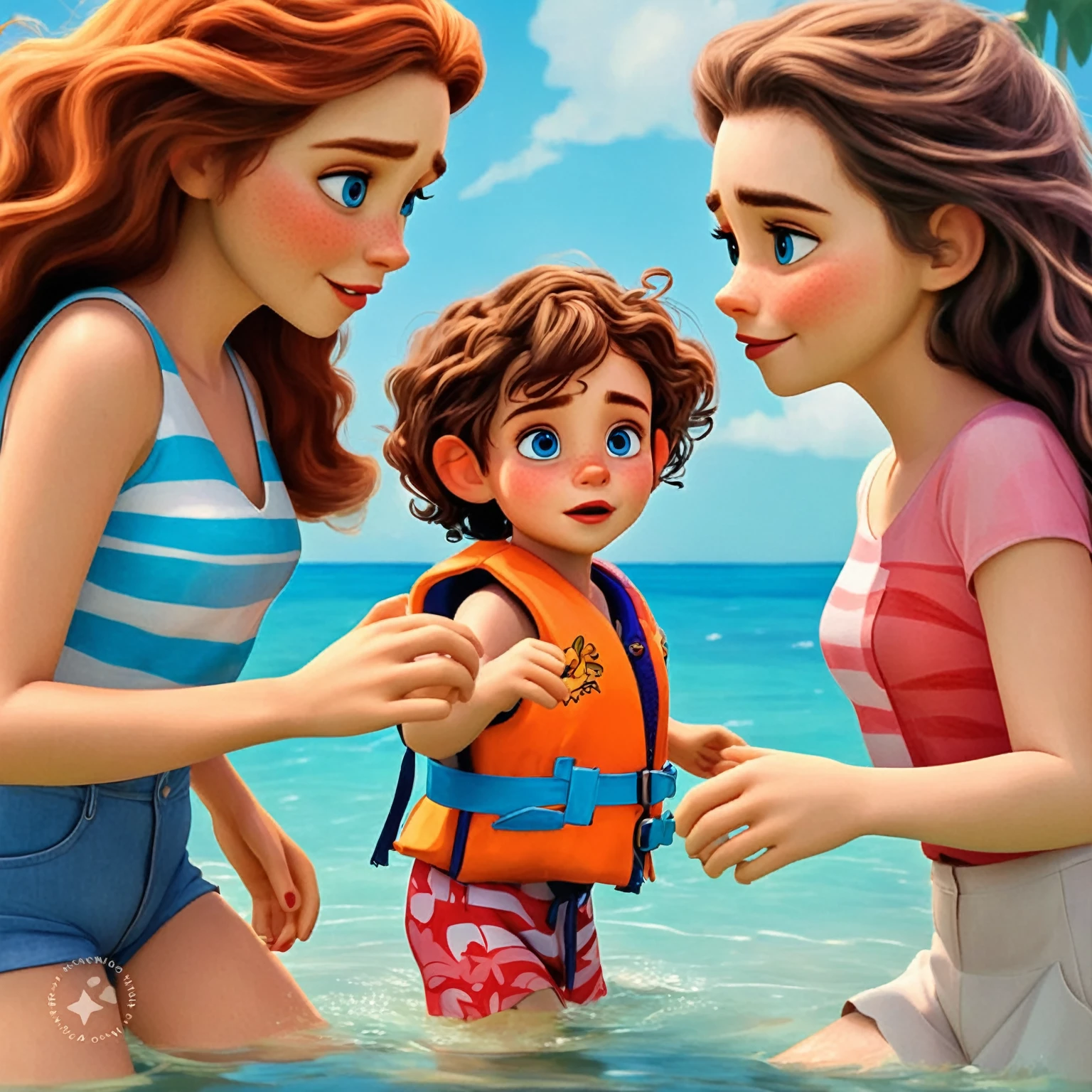 cartoon of two women one on each side pulling the hand of a  in the middle of them, On a beach, sunny day,  and the woman with the same may, high quality Disney animation style
