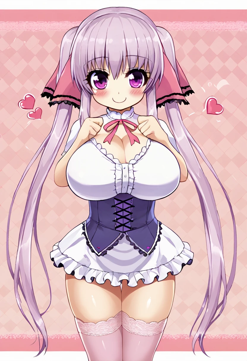 (masterpiece, best quality), 1girl, large breasts, small hips, light lavender hair, lavender eyes, twin tails, hair ribbons, ****ta fasion, stockings, (Shuz), cute smile, :3, blushing, abstract background, love hearts