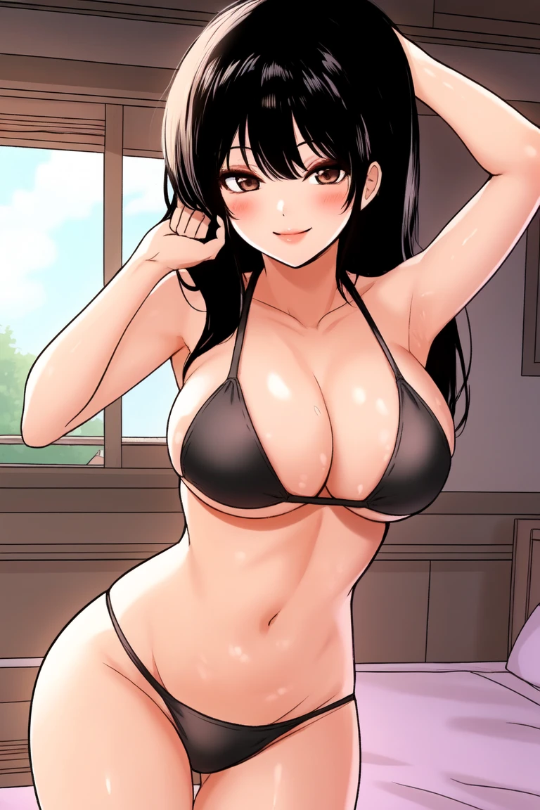 score_9, score_8_up, score_7_up, score_6_up, score_5_up, score_4_up,, black hair, long hair, large breasts, black bikini , bedroom , smile , cowboy pose