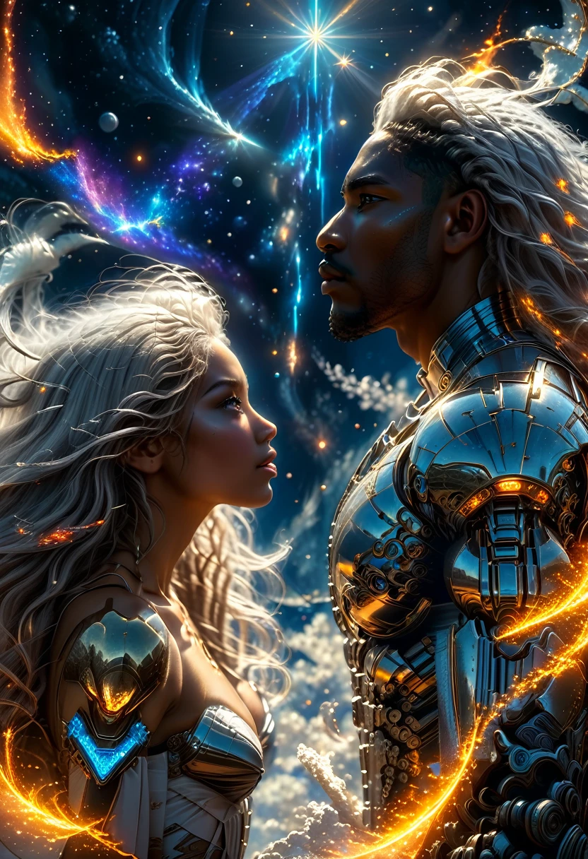 In a celestial dreamland landscape, people dressed luxuous, differents faces, they are all brown skin, (((in 40's))) (((two brown skin men and two brown skin whitehair:1.7 woman))), (((two young brown skin long brown hair prine:1.3))), (((one brown skin whitehair1.5 woman))) and (((one white hair woman1.3))) trying to kill him with powers, dangerous scene, war, battle, luminuous stars, chaos, fire, destrctions, 8K, extremely detailed, high quality, (photorealistic:1.37), Full body, vibrant colors, perfect lighting, soulful expressions, celestial aura, majestic presence, dreamlike atmosphere, 8 k artistic photography, photorealistic concept art, soft natural volumetric cinematic perfect 
