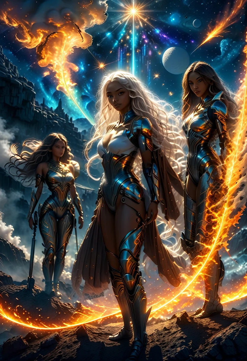 In a celestial dreamland landscape, people dressed luxuous, differents faces, they are all brown skin, (((in 40's))) (((two brown skin men and two brown skin whitehair:1.7 woman))), (((two young brown skin long brown hair prine:1.3))), (((one brown skin whitehair1.5 woman))) and (((one white hair woman1.3))) trying to kill him with powers, dangerous scene, war, battle, luminuous stars, chaos, fire, destrctions, 8K, extremely detailed, high quality, (photorealistic:1.37), Full body, vibrant colors, perfect lighting, soulful expressions, celestial aura, majestic presence, dreamlike atmosphere, 8 k artistic photography, photorealistic concept art, soft natural volumetric cinematic perfect