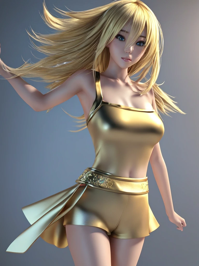 Realistic Beautiful half-Chinese-Japanese woman with light blond hair, her hair is medium length. Wear a white, gold-trimmed outfit with a strapless top and shorts. She is a very mysterious and sexy mage,3D rendering
