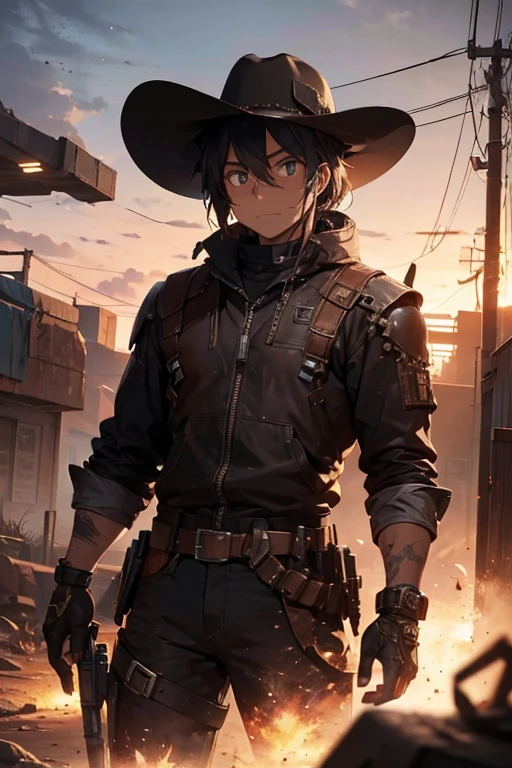 A cyberpunk cowboy in a post-apocalyptic desert setting. He wears a traditional cowboy hat with integrated technological elements, like wires and LED lights. His face shows scars and a determined expression. The suit is a mix of distressed leather and chrome metal., with details such as gears and mechanical parts visible. He is holding a robust looking futuristic weapon, with old western style insignia engraved on it. Ao fundo, a red sky with dust clouds raised by the wind

