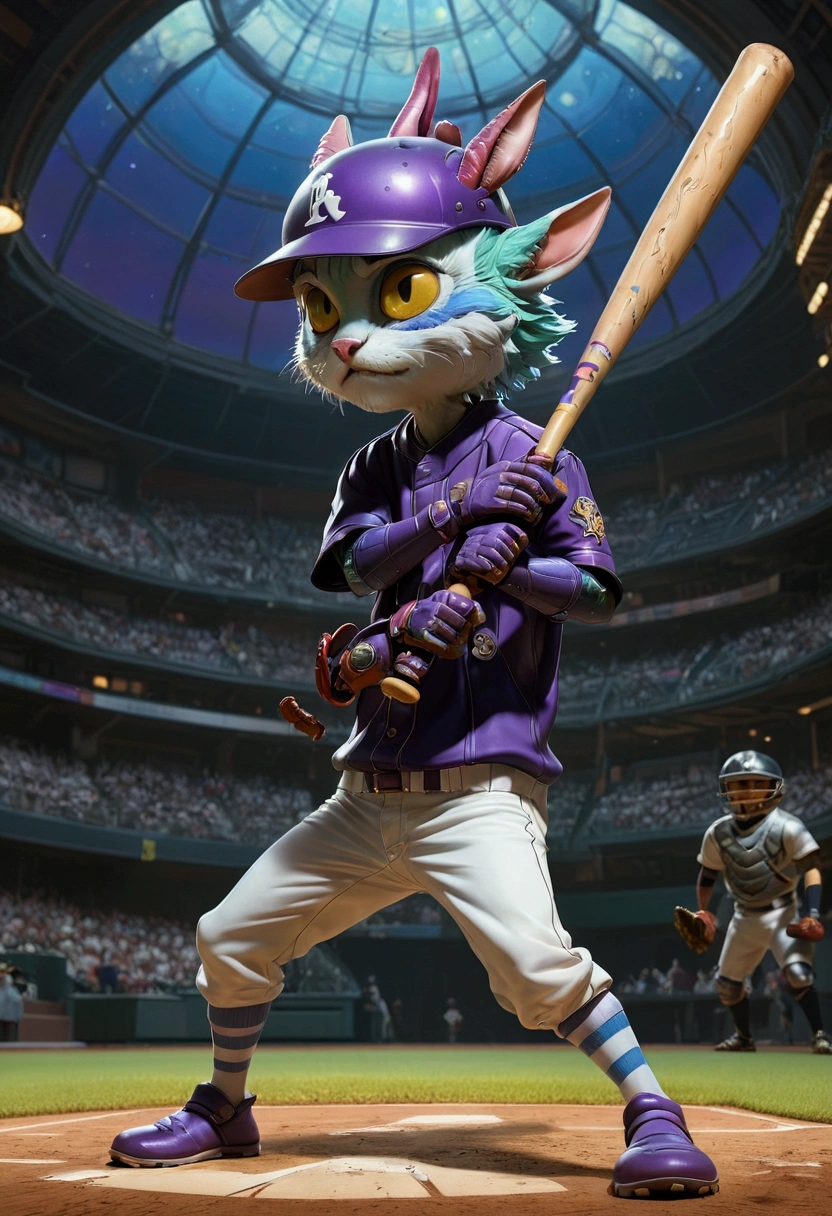 1boy, baseball player, batting stance, (alien dressed as a baseball player, batting) a masterpiece, 8k resolution, dark fantasy concept art, by Greg Rutkowski, dynamic lighting, hyperdetailed, intricately detailed, Splash screen art, trending on Artstation, deep color, Unreal Engine, volumetric lighting, Alphonse Mucha, Jordan Grimmer, purple and yellow complementary colours, masterpiece, best quality, very aesthetic, absurdres