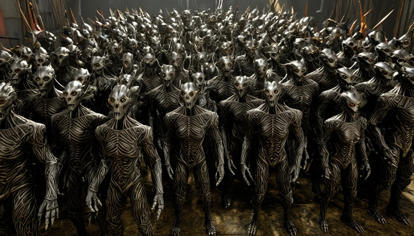 in (medium full shot:3.1) of lot of characters from (metal hurlant magazine:3.1), inspired by style of Clive Barker art, in apocalypse in chaotic world, monsters, robots, daemons, aliens (with Creepy, Sci-Fi, Fantasy and Horror:2.9) retro sci fi, Horror movie, ((Cinematic film)), ((Ultra Detailed)), Complex, ((Sharp Focus)), Object Texture, Studio Photo, Complex Details, ((Highly Detailed)), Photo Real Style, ((Hyper-realistic)), High Dynamic Range, ((Realistic Textures)), 8K UHD, Nikon D 850, Kodak Portra 400, Fujifilm XT, 3D rendering