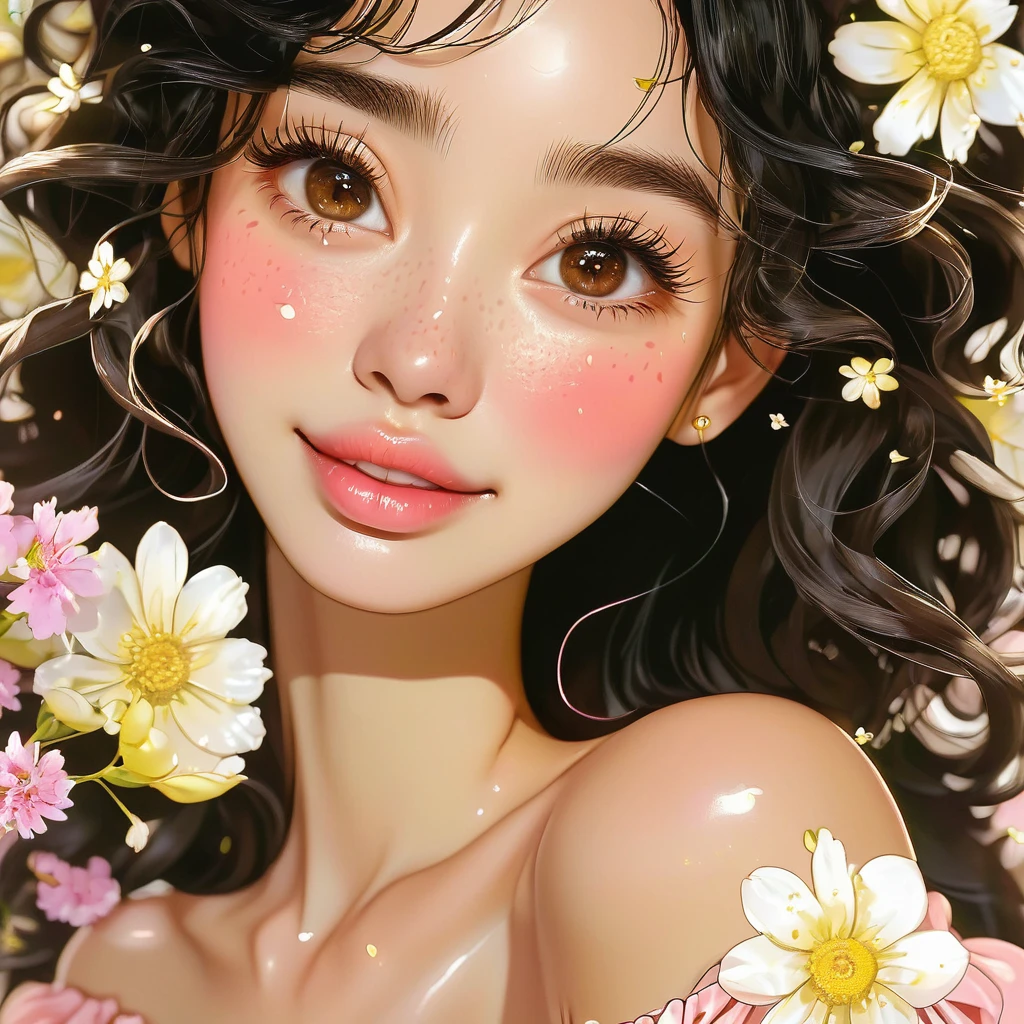 black hair, length below the shoulders, with curls, girl, marked clavicle,skinny, Brown eyes, cachetona, splash nose,almond eyes, long eyelashes, thick fleshy and pink lips, big breasts, yellow dress with white flowers and a tender smile With light freckles