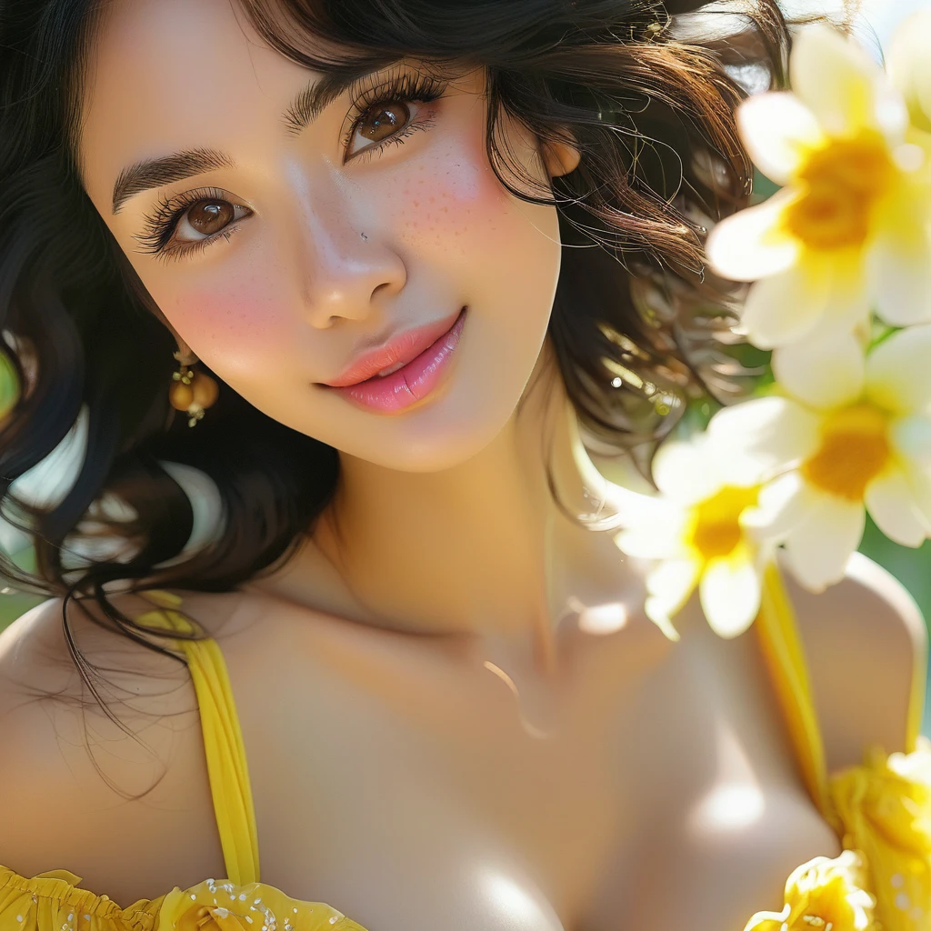 black hair, length below the shoulders, with curls, girl, marked clavicle,skinny, Brown eyes, cachetona, splash nose,almond eyes, long eyelashes, thick fleshy and pink lips, big breasts, yellow dress with white flowers and a tender smile With light freckles