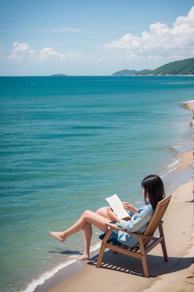 A calm sea, with a person reading a book 