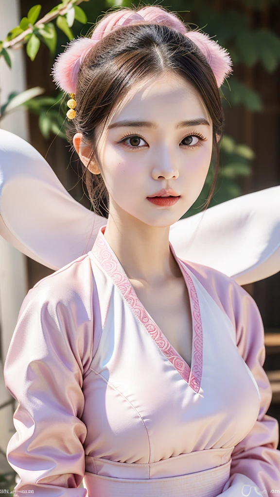 Goose-faced girl，seminude，Face straight to the camera，The mouth is fully open，Pink emanates，Light yellow Hanfu，Foto realism，ultra - detailed，coloured photo（mediuml breasts：0.8）
