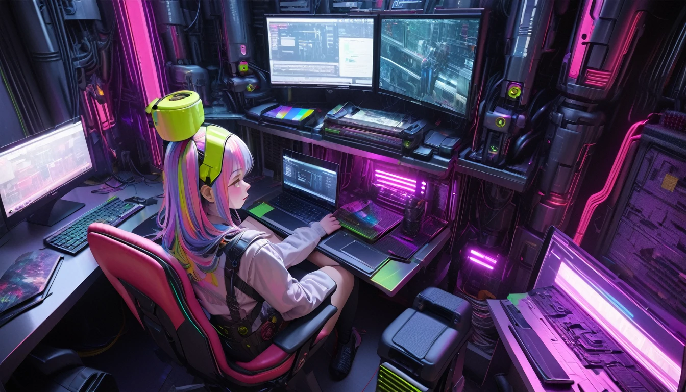 (best quality, masterpiece, ultra detailed, ultra high res, photorealistic, raw photo, absolutely resolution), Cyberpunk, 20 year old woman, sitting on a chair and working on a computer, mechanical room, neon, Colorful rooms, colorful clothes, colorful hair colors